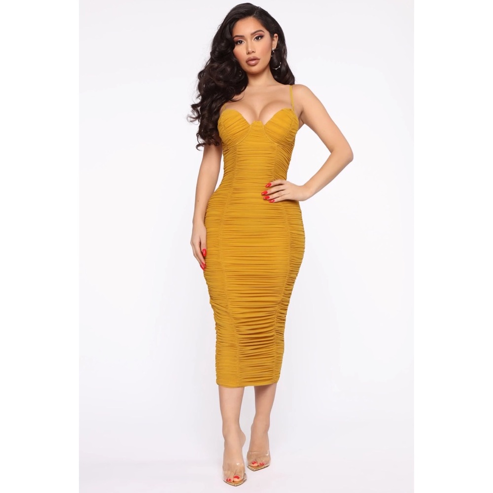 Fashion nova ‘Need you in my life ruched midi dress - mustard’